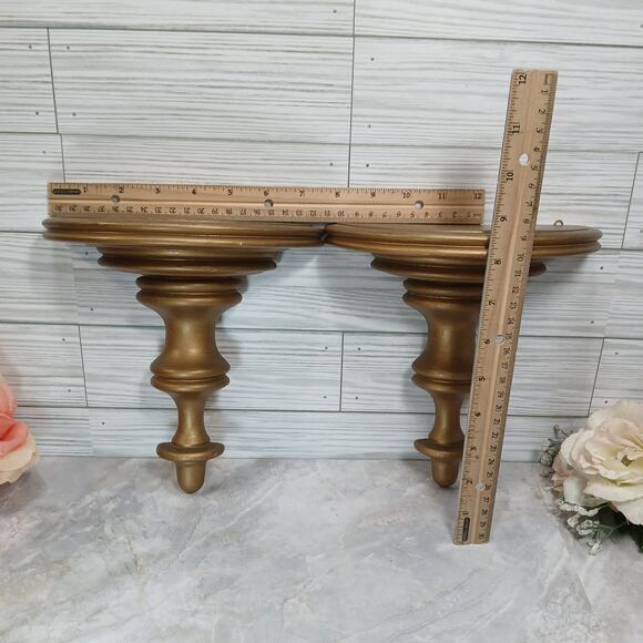 One Vintage Gold Tone Wood Wall Sconce Shelf, 8" Floating Knick Knack Display - Picture 6 of 9